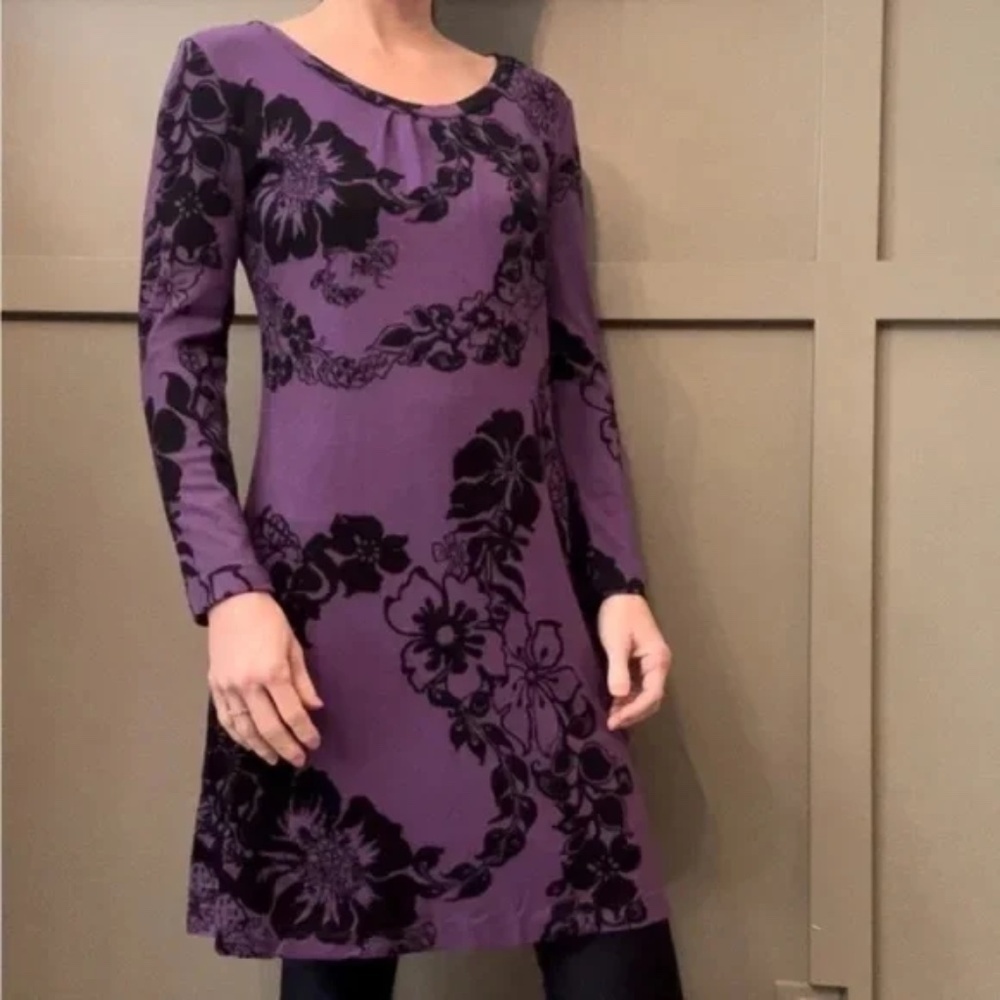 Hanna Andersson Floral Long Sleeve Dress Purple & Black Stretch Jersey Sz Small